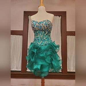 Beaded Bodice Green Ruffly Shortie Dress